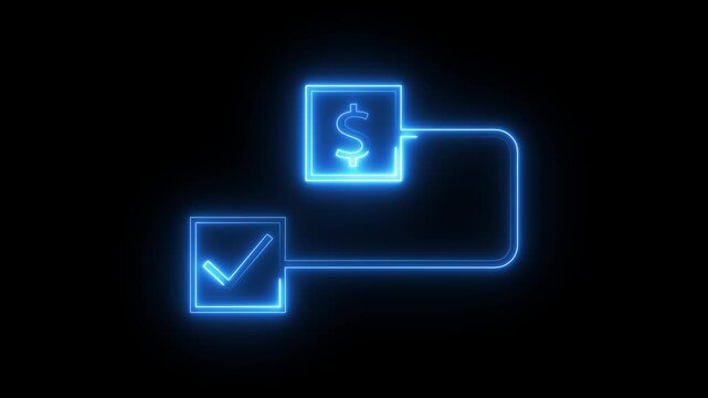 Neon blue line art showing dollar symbol connection to checkbox process animation.