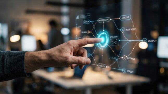 Man touching virtual interface with artificial intelligence data workflow diagram. Chatbot and machine learning development process. Future digital technology and automated system control.