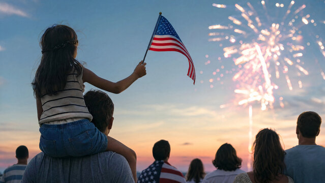 Little girl sitting on man shoulders holding American flag and watching fireworks at sunset with crowd, patriotic celebration for Independence Day and holiday