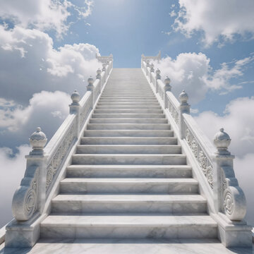 Sci-Fi Marble Christianity. 3D Render Of A Heavenly Stairway Ascending Into The Clouds Among Marble-Like Structures, Symbolizing Spiritual Freedom And Love In A Paradise Setting