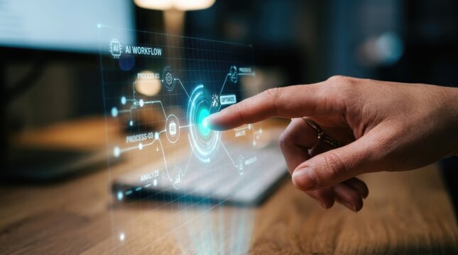 Woman touching interactive holographic interface with AI workflow data. Digital transformation and smart business automation. Future innovative technology for process optimization and analytics.