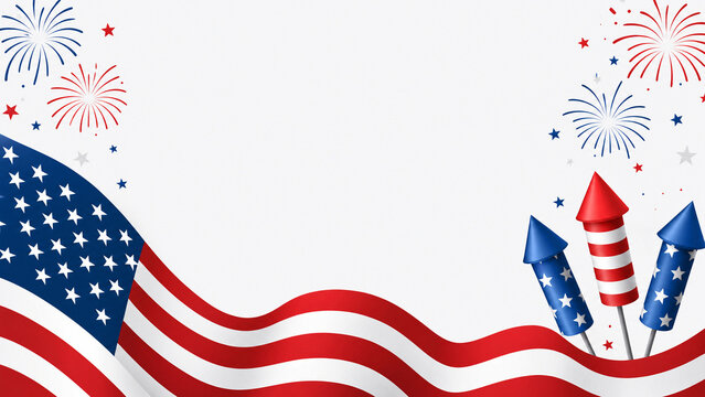 Waving American flag with patriotic firework rockets and star bursts on white background, festive backdrop for Independence Day and fourth of July holiday celebration