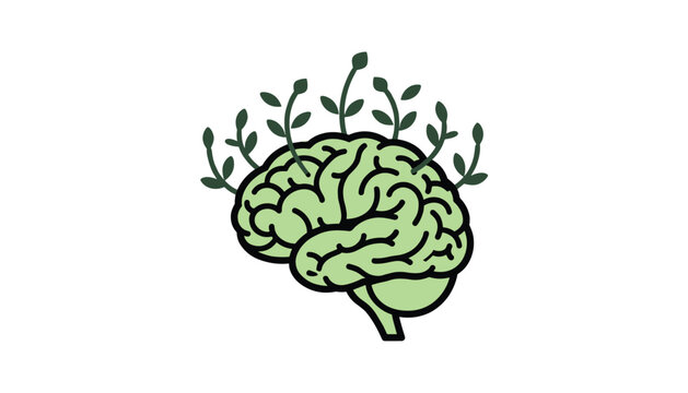 Simple vector icon of a green brain with small leaves sprouting from it representing sustainable thinking or mental wellness concept.