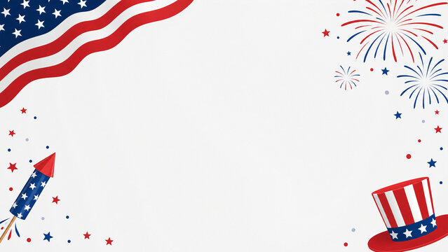 American flag with fireworks, rocket, and patriotic hat on white background, Independence Day celebration and Fourth of July background for holiday greeting and poster