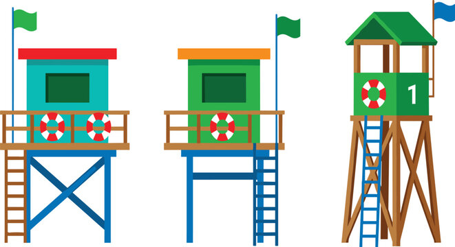 Lifeguard Tower Station Set &ndash; Colorful Beach Safety Flat Vector Illustration Collection