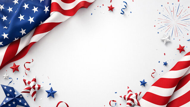 American flag framing a white background with stars and confetti, patriotic celebration for Independence Day and national holidays with central copy space for text