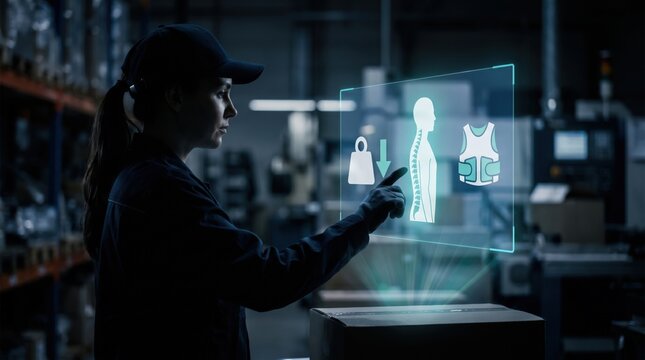 AI Workplace Safety, Industrial IoT, and Ergo Health Concept: Floating Luminous Holographic Posture Alignment, Weight Limit, and Back Brace Icons over Dark Warehouse Environment