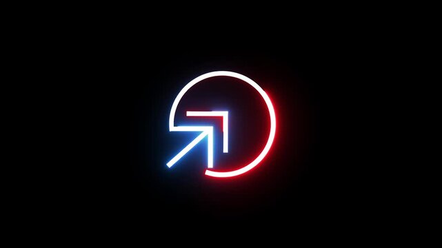 Neon circle icon with glowing arrow sign pulsing in rhythmic motion on black space.