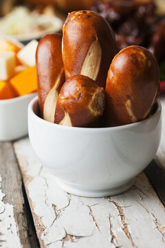 Football: Bowl Of Pretzel Bread Sticks And Other Football Snacks