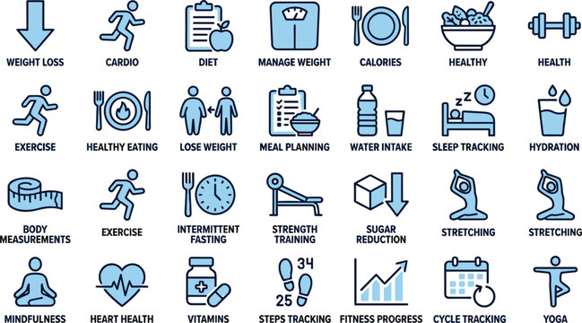 Healthy lifestyle icons set for fitness weight loss diet tracking intermittent fasting exercise meal planning and nutrition vector