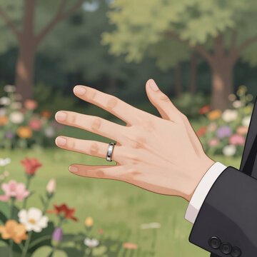 Storybook Illustration Ring Joy. Gay Couple'S Wedding Day Hand-Holding Moment In A Park
