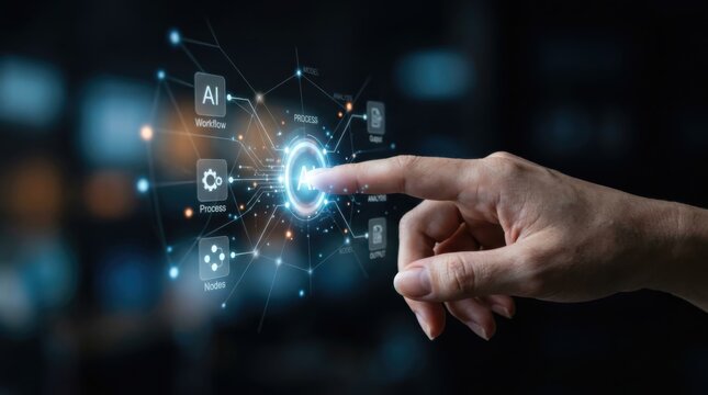 Hand of a man touching glowing digital ai interface on a touch screen. Artificial intelligence automation workflow with node network. Future technology for business data processing and analysis.