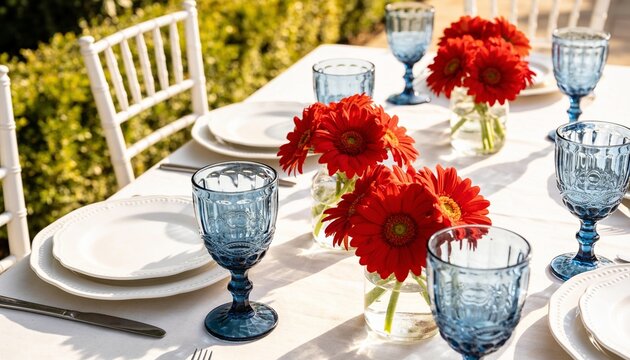 Outdoor dining table arranged with red flowers and blue glasses in a sunlit garden, elegant decor for a wedding banquet, garden party, or festive summer event