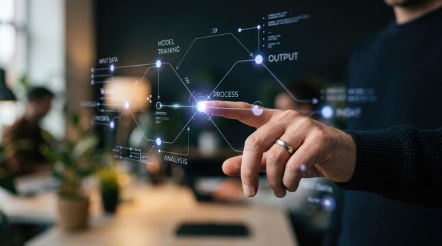 Man working with artificial intelligence interface. Businessman touching virtual screen with data processing diagram. Future technology, machine learning and digital automation concept.