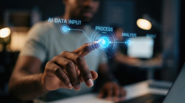 African american man touching digital screen with artificial intelligence process interface. Automated data analytics and machine learning concept. Future software technology innovation.