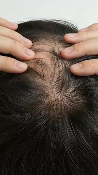 つむじ周りの薄毛や髪のボリュームを両手で確認する男性
