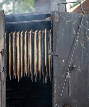 Smoked eel in a smoker at Dutch fish market stall
