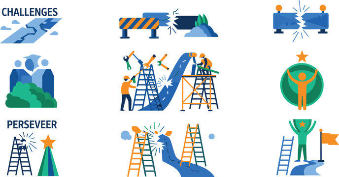 Business problem solving and perseverance infographic vector icon set featuring construction workers overcoming challenges building bridges and achieving success for corporate presentation designs