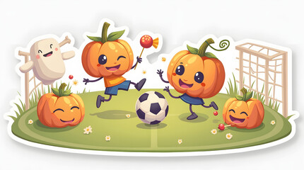 Fototapeta premium Children and pumpkins play soccer on a green field with a goal in the background during autumn time
