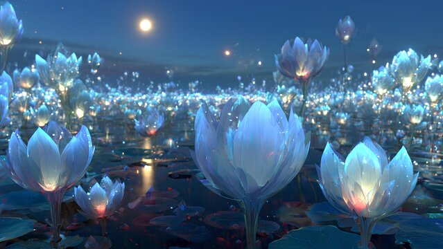 A serene and magical scene of glowing blue lotus flowers blooming on a tranquil pond under a full moon.