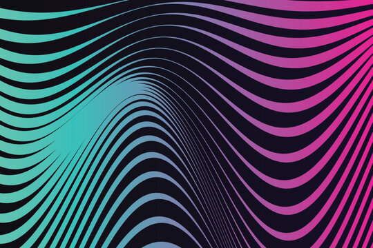 Abstract background, with parallel wavy, lines in cyan, and magenta gradient, on a dark, navy blue surface