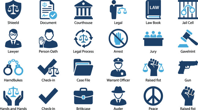 Law and justice legal system flat vector icon set for courthouse lawyer advocate judgment infographics