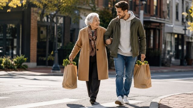 Young man and elderly woman walking arm in arm carrying grocery bags on a city sidewalk, smiling in autumn coats