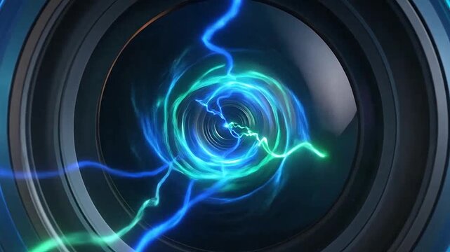 Futuristic camera lens with glowing blue energy and light flares