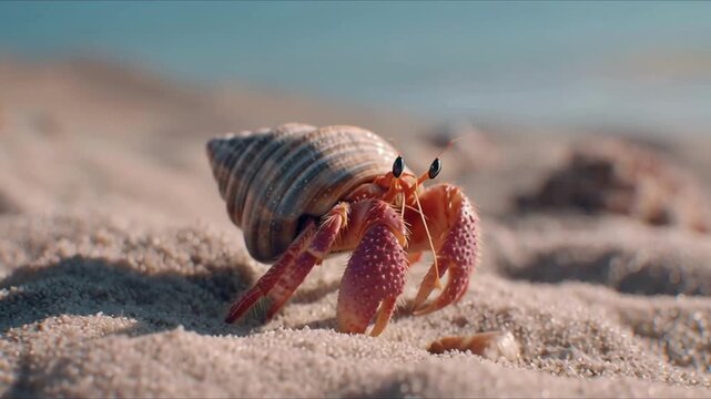 Closeup of a hermit crab walking on a sandy beach during a sunny day