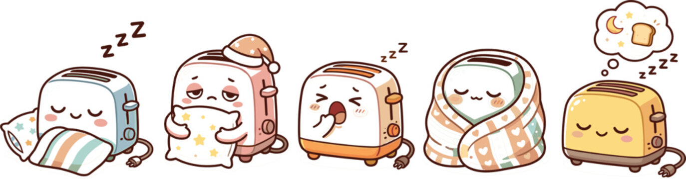 Cute cartoon toaster sleeping character set with pillow blanket and nightcap showing tired yawning emotions for bedtime routine sticker design
