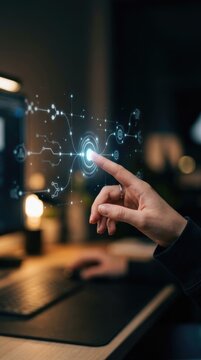 Woman touching virtual interface with digital neural network. AI automation and chatbot technology. Artificial intelligence data processing. Innovative future office software system.