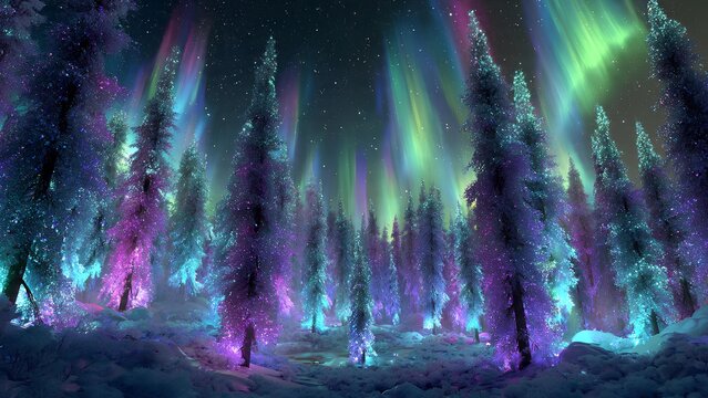 A magical winter forest at night, illuminated by the vibrant, colorful aurora borealis dancing across the sky, creating an ethereal and enchanting scene.