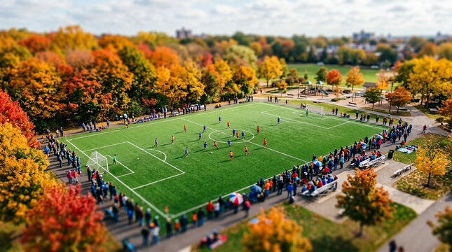 High angle tilt-shift view of an amateur soccer match in a colorful autumn park