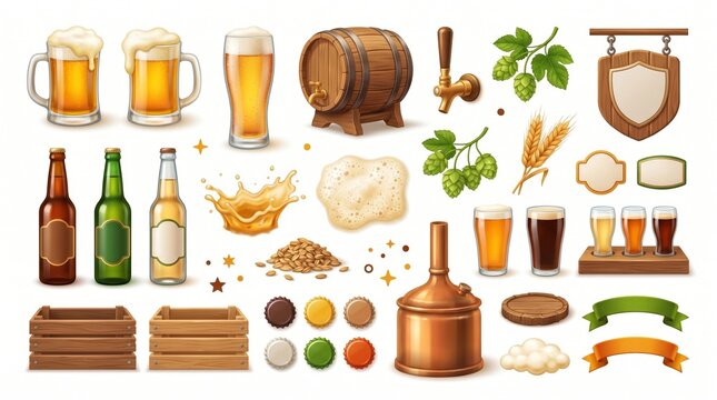 Craft beer brewery ingredients and equipment set, hops barrels mugs and bottles