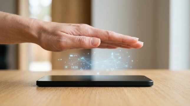 Woman hand interacting with holographic interface above modern smartphone. Artificial intelligence technology connecting digital data and virtual network. Future communication innovation concept.