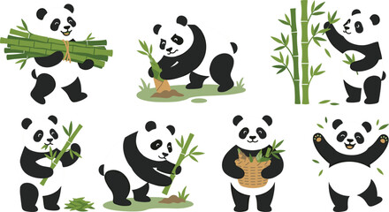 Cute giant panda character sticker set with various poses eating bamboo for children education and playful greeting card design © AdhinChandra