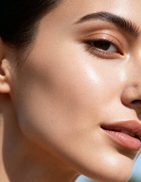 Vertical close-up of a woman's face with radiant dewy skin. Healthy skin texture with copper peptides glow. Natural beauty and skincare concept. Minimalist makeup with glossy lips