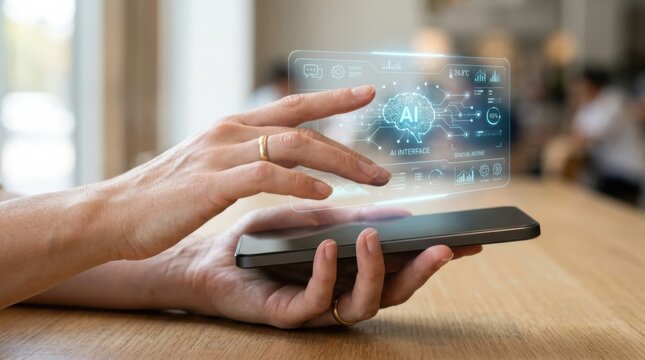 Woman using smartphone with holographic AI interface. Digital assistant scanning data on interactive screen. Future technology, automation and machine learning concept in business.