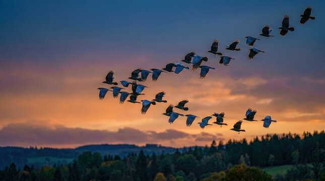 Flock of birds flying at sunset over forest landscape.