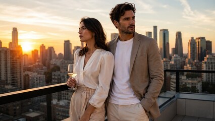 Obraz premium Stylish couple on a rooftop balcony at sunset overlooking a city skyline, sharing a drink in a warm golden-hour urban scene
