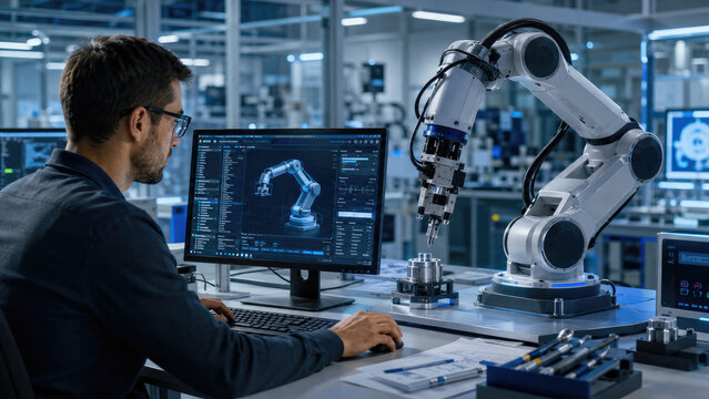 Engineer programs and monitors a robotic arm at a high-tech manufacturing workstation in a modern automated factory