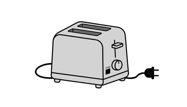Simple monochrome sketch of an electric two-slot toaster with power cord and plug isolated on white background for kitchen design.