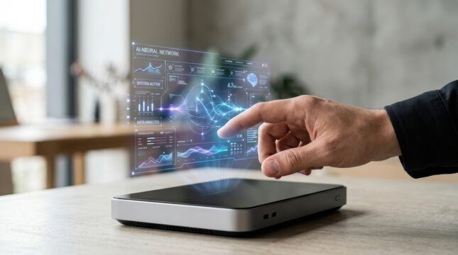 Man touching virtual interface showing AI neural network analytics. Interactive data visualization for digital business automation. Advanced technology for system analysis and insight.