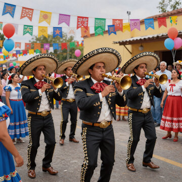Oil Painting Musica Rock. A Mariachi Band Playing Mexican Music At A Mexican Party