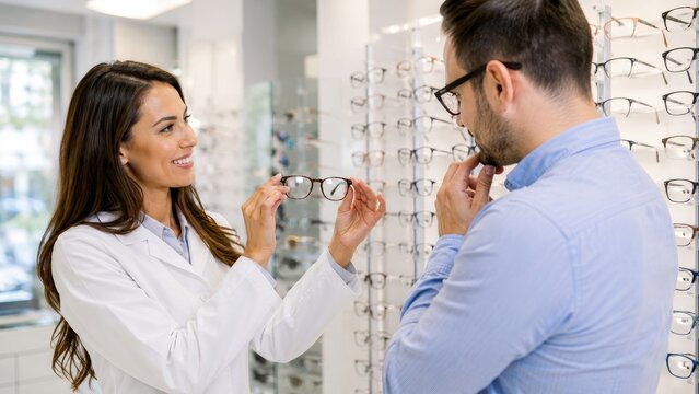 Optician helping a customer choose and try eyeglass frames in a bright optical store with a wall display