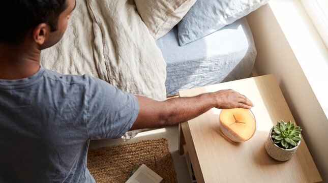 Indian Man Reaching for Sunrise Alarm in Modern Bedroom: Peaceful Morning Routine
