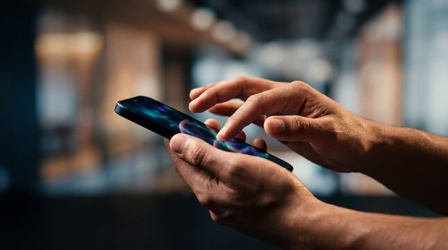 Digital Talent Management: Latino Male Hands Navigating Smartphone for Business Strategy