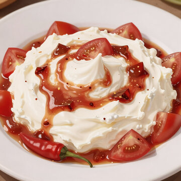 Storybook Illustration Cheese Quark. Chili And Tomato Dip On Cream Cheese