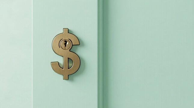 Minimalist dollar sign keyhole on a pastel green door representing financial security and investment opportunities