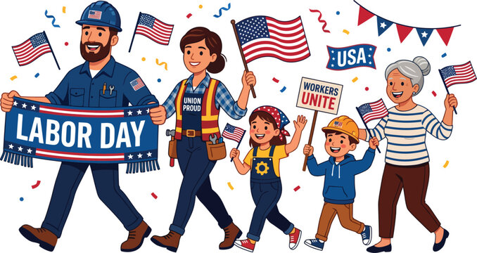 labor day parade with happy family and workers holding american flags vector illustration isolated on white background
